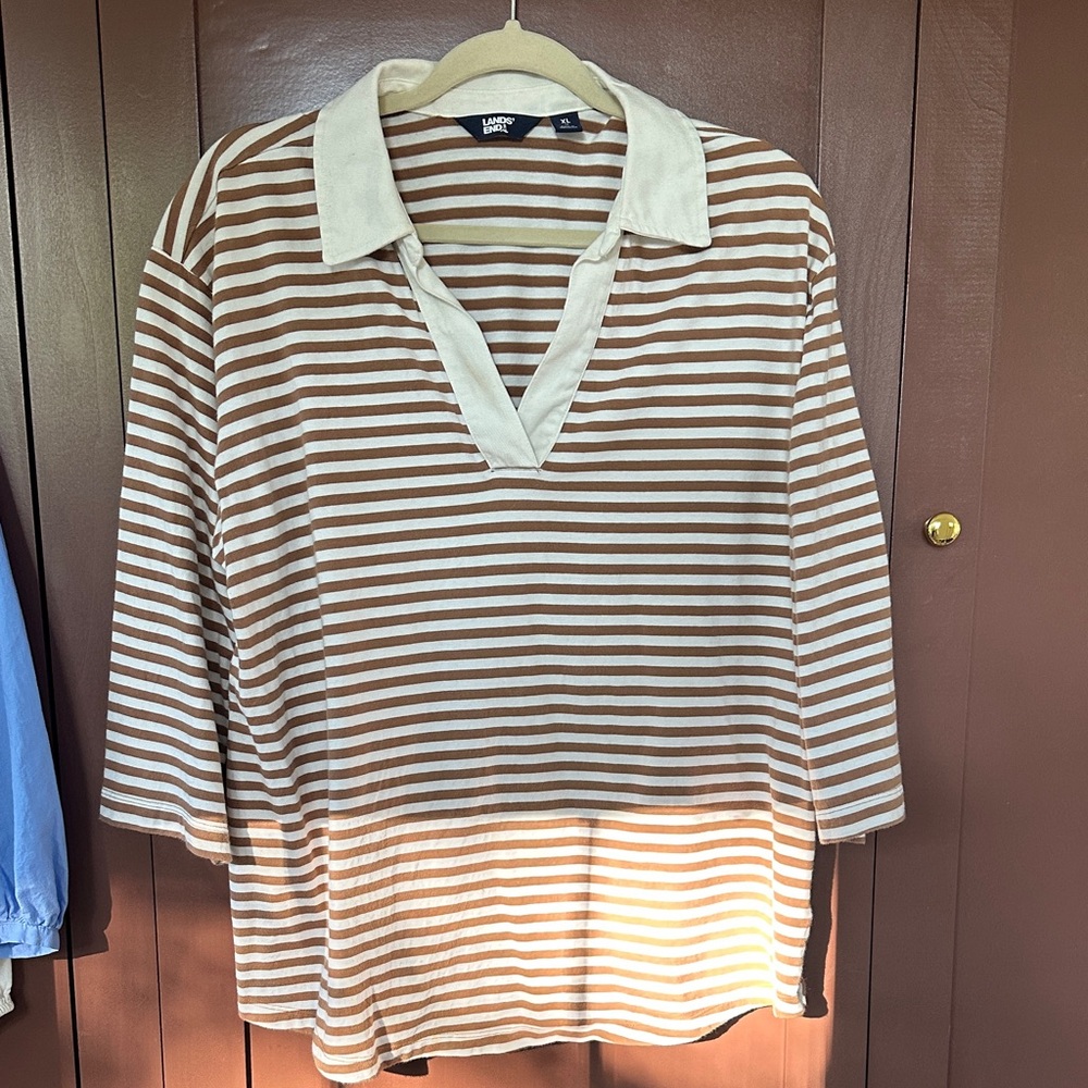 Lands End Cream and Brown Striped Blouse